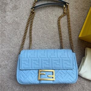 Fendi Light Blue Lambskin Zucca Baguette Gold Chain with Gold Hardware Full Set